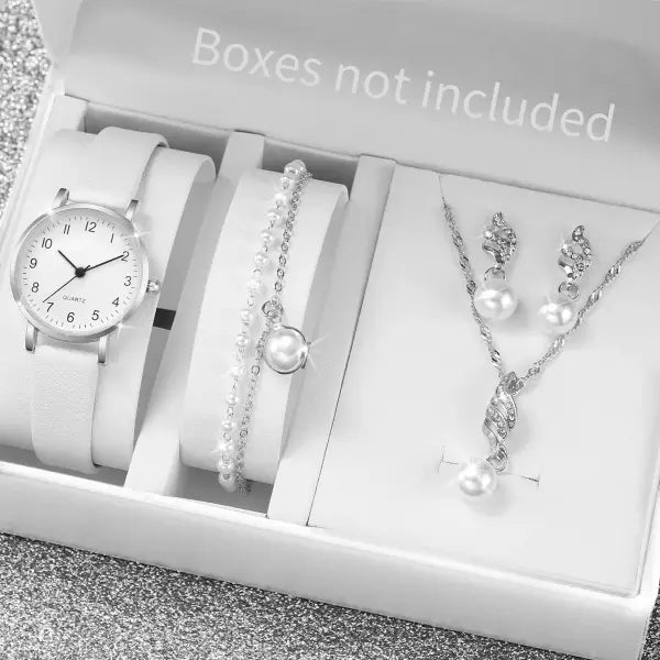 5/6PCS Fashion Women’s Quartz Watch Leather Band Analog Quartz Watches with Diamond Jewelry (Without Box) - Silver E