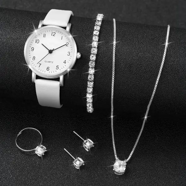 5/6PCS Fashion Women’s Quartz Watch Leather Band Analog Quartz Watches with Diamond Jewelry (Without Box)