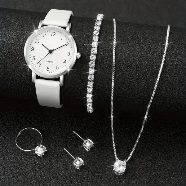 5/6PCS Fashion Women’s Quartz Watch Leather Band Analog Quartz Watches with Diamond Jewelry (Without Box)