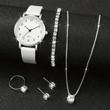 5/6PCS Fashion Women’s Quartz Watch Leather Band Analog Quartz Watches with Diamond Jewelry (Without Box)