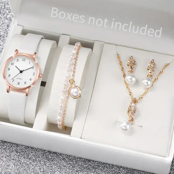 5/6PCS Fashion Women’s Quartz Watch Leather Band Analog Quartz Watches with Diamond Jewelry (Without Box) - Rose Gold F