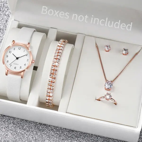 5/6PCS Fashion Women’s Quartz Watch Leather Band Analog Quartz Watches with Diamond Jewelry (Without Box) - Rose Gold B