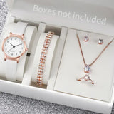 5/6PCS Fashion Women’s Quartz Watch Leather Band Analog Quartz Watches with Diamond Jewelry (Without Box) - Rose Gold B