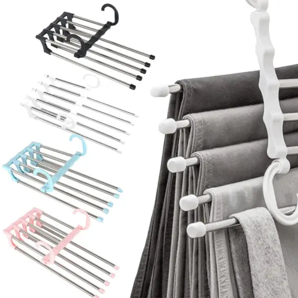 5 in1 Save Space Pants Hanger Collapsible Towel Tie Hook Multi-functional Clothes Trouser Rack Wardrobe Closet