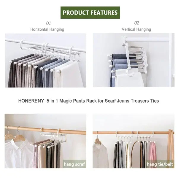 5 in1 Save Space Pants Hanger Collapsible Towel Tie Hook Multi-functional Clothes Trouser Rack Wardrobe Closet