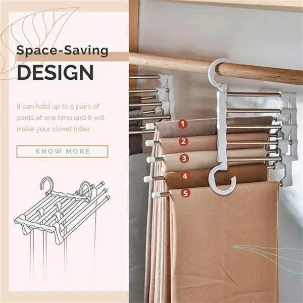 5 in1 Save Space Pants Hanger Collapsible Towel Tie Hook Multi-functional Clothes Trouser Rack Wardrobe Closet