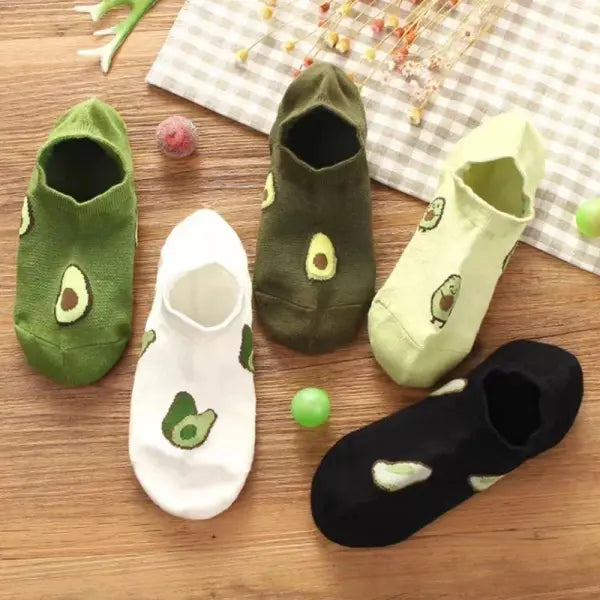 5 Pairs Avocado Crew Ankle Socks Cartoon Fresh Fashion Breathable Summer And Autumn Kawaii Comforts Women’s Low Cut
