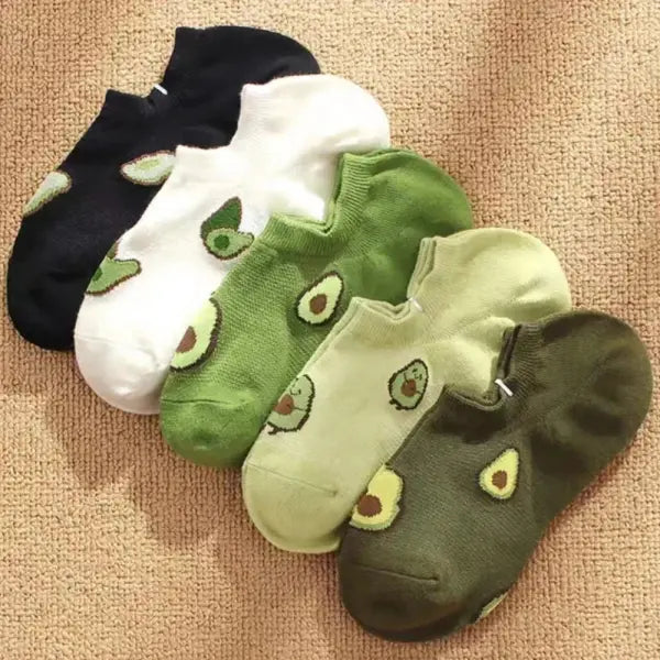 5 Pairs Avocado Crew Ankle Socks Cartoon Fresh Fashion Breathable Summer And Autumn Kawaii Comforts Women’s Low Cut