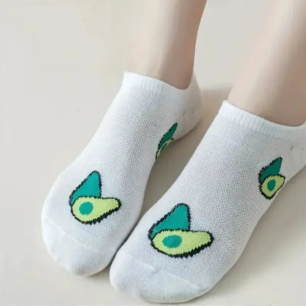 5 Pairs Avocado Crew Ankle Socks Cartoon Fresh Fashion Breathable Summer And Autumn Kawaii Comforts Women’s Low Cut