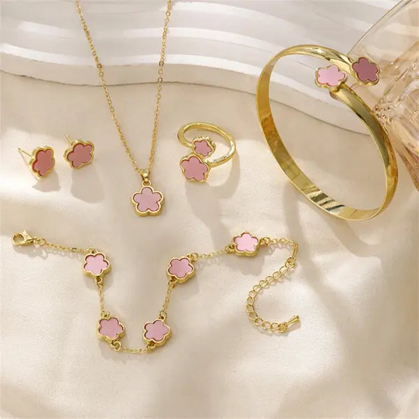 Stainless Steel Five-Leaf Clover Jewelry Set for Women – 5-Pcs Elegant 316L Necklace Bracelet & Earrings - Pink / CHINA