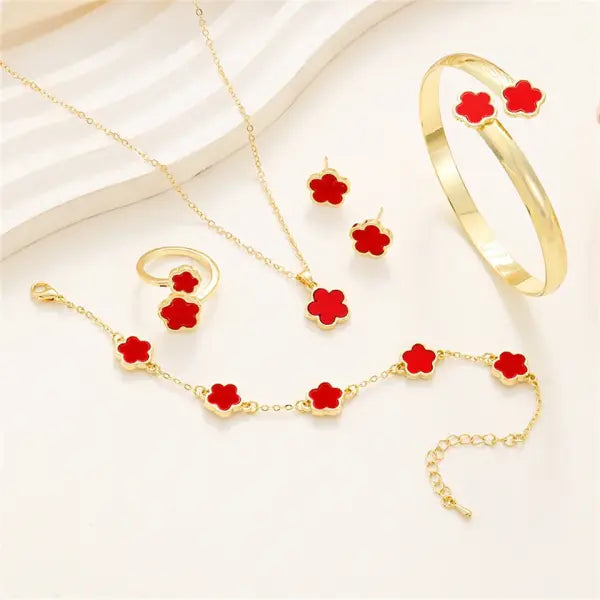 Stainless Steel Five-Leaf Clover Jewelry Set for Women – 5-Pcs Elegant 316L Necklace Bracelet & Earrings - Red / CHINA