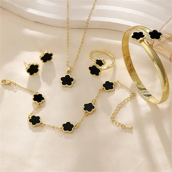 Stainless Steel Five-Leaf Clover Jewelry Set for Women – 5-Pcs Elegant 316L Necklace Bracelet & Earrings - Black / CHINA