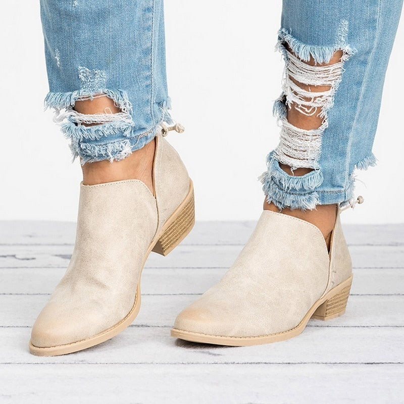 Retro High Heel Ankle Boots in Breathable Material - Beige / 35