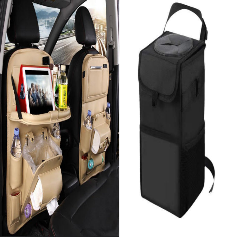 PU Leather Car Storage Hanging Bag with Tissue Box and Tray - Beige set1