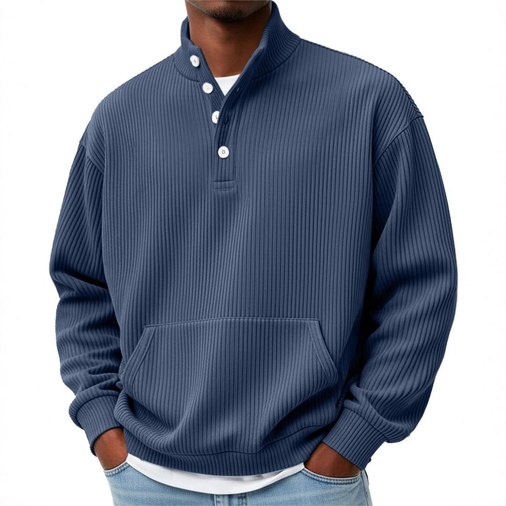 Mens Solid-Color Turtleneck Casual Long-Sleeve Polo Sweatshirt With Pockets For Men Spring Autumn Clothing Loose Button