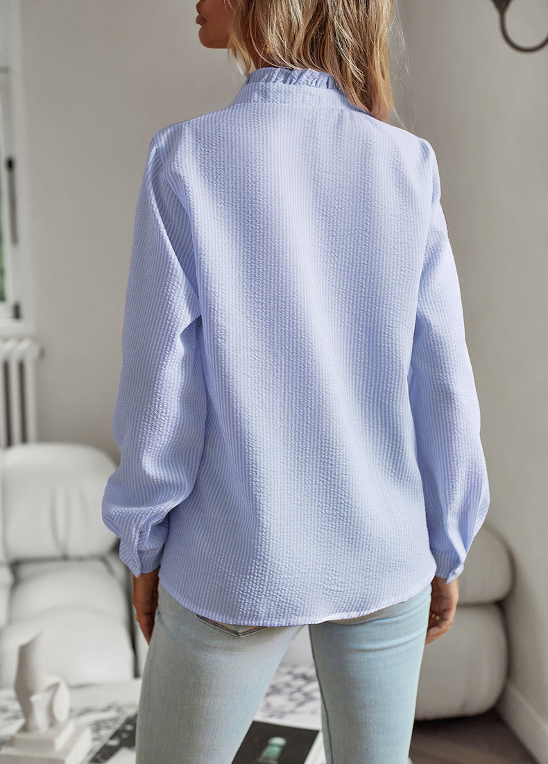 Striped Long Sleeve Shirt Fashion Ruffle Design Button Up Tops Casual Office Blouse Elegant Commuting Women’s Clothing