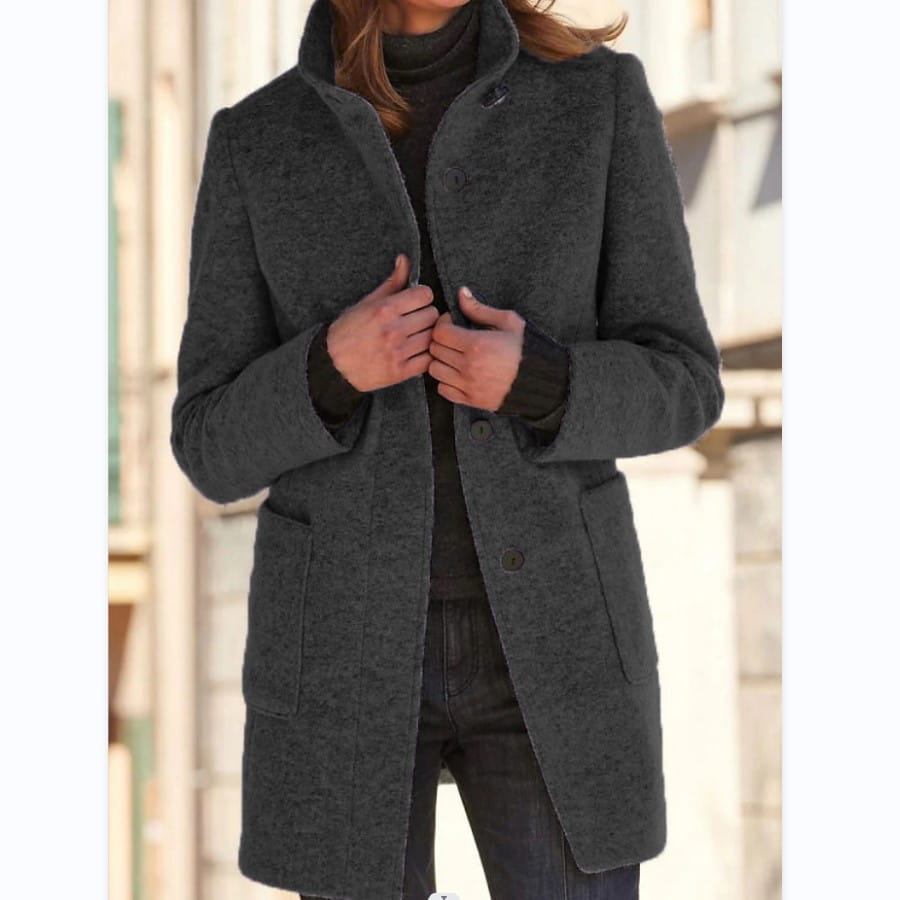 Fashion Stand Collar Woolen Coat with Pockets – Casual Button Outwear for Women