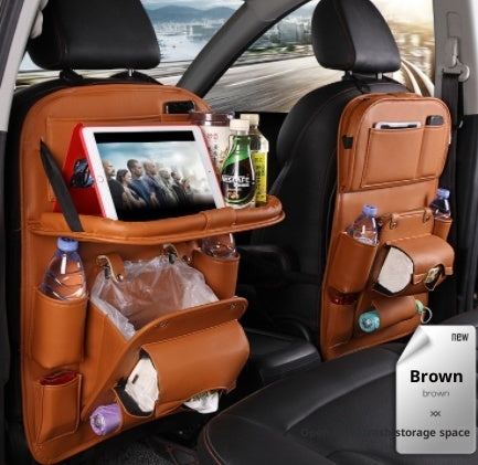 PU Leather Car Storage Hanging Bag with Tissue Box and Tray - Brown
