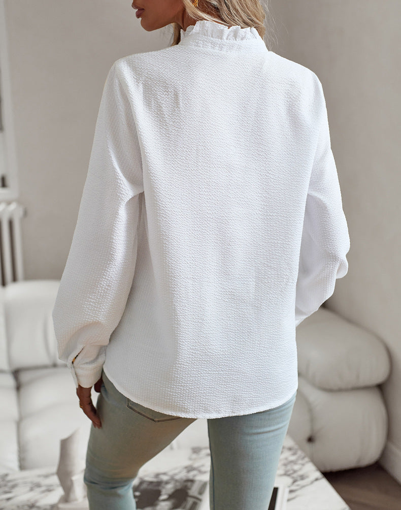 Striped Long Sleeve Shirt Fashion Ruffle Design Button Up Tops Casual Office Blouse Elegant Commuting Women’s Clothing