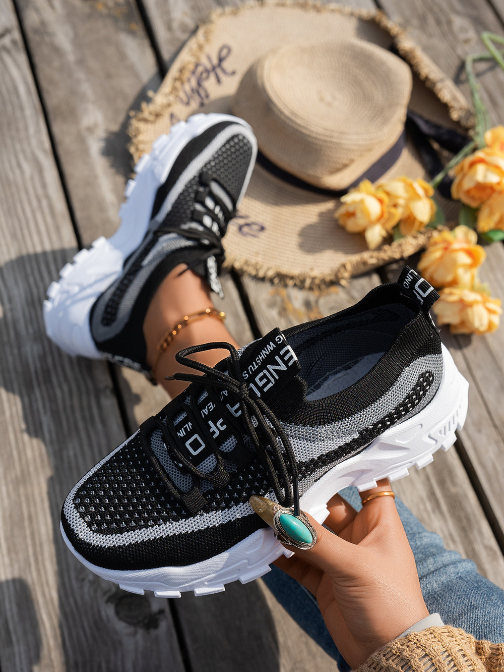 Women’s Breathable Flyknit Low Heel Shoes with Rubber Sole Material - Black White Gray / 36