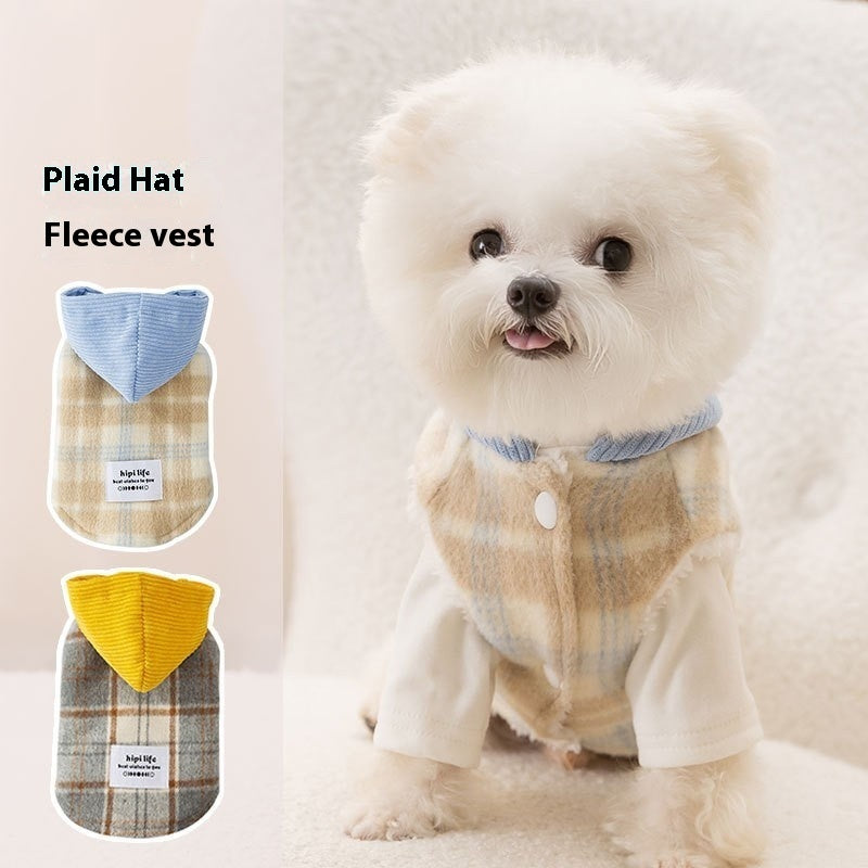 Chessboard Grid Hooded Traction Vest Autumn And Winter Pet - Hair Remover