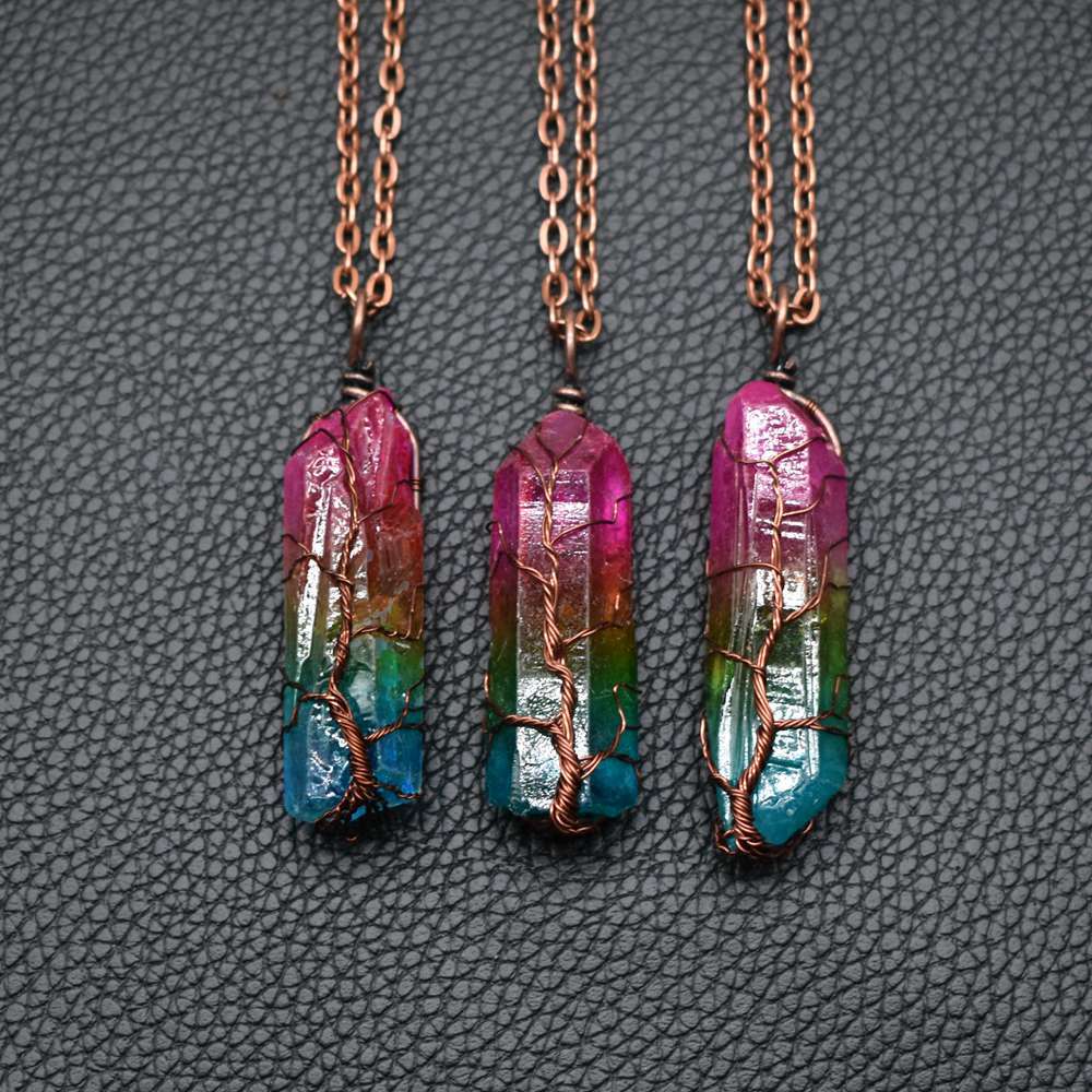 Simple Rainbow Stone Crystal Column Necklace with O Chain - Hair Remover