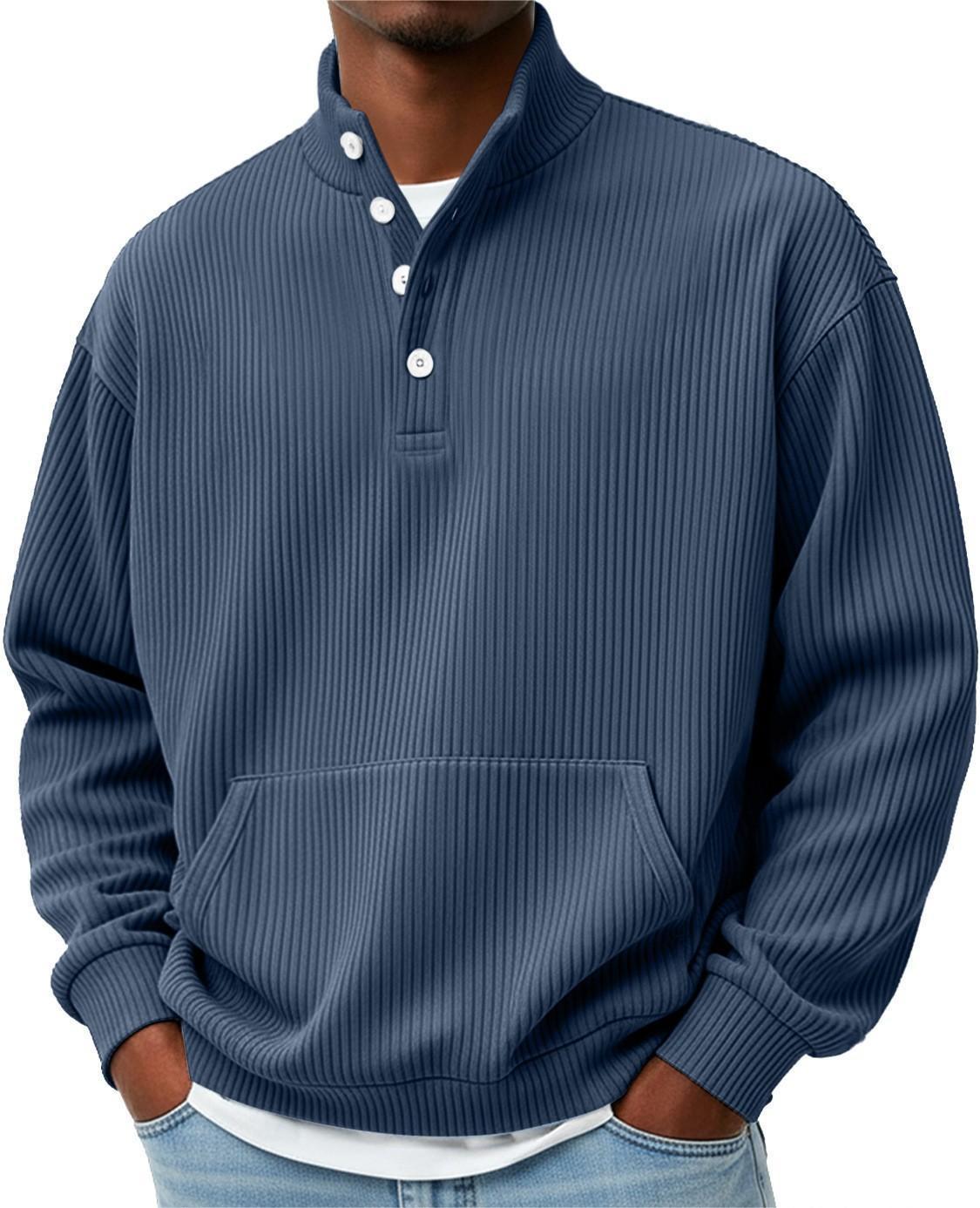 Mens Solid-Color Turtleneck Casual Long-Sleeve Polo Sweatshirt With Pockets For Men Spring Autumn Clothing Loose Button