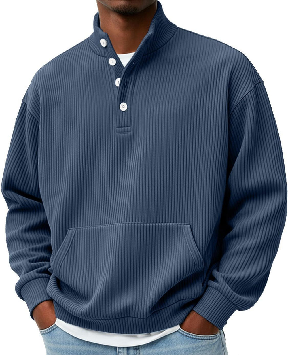 Mens Solid-Color Turtleneck Casual Long-Sleeve Polo Sweatshirt With Pockets For Men Spring Autumn Clothing Loose Button