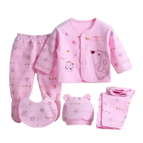 5pcs Newborn Baby Clothing Set – Pure Cotton Breathable Cartoon Top Pants Hat & Bibs (0–3 Months) - P / 0-3 Month