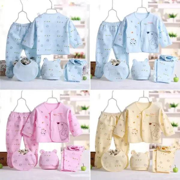 5pcs Newborn Baby Clothing Set – Pure Cotton Breathable Cartoon Top Pants Hat & Bibs (0–3 Months)