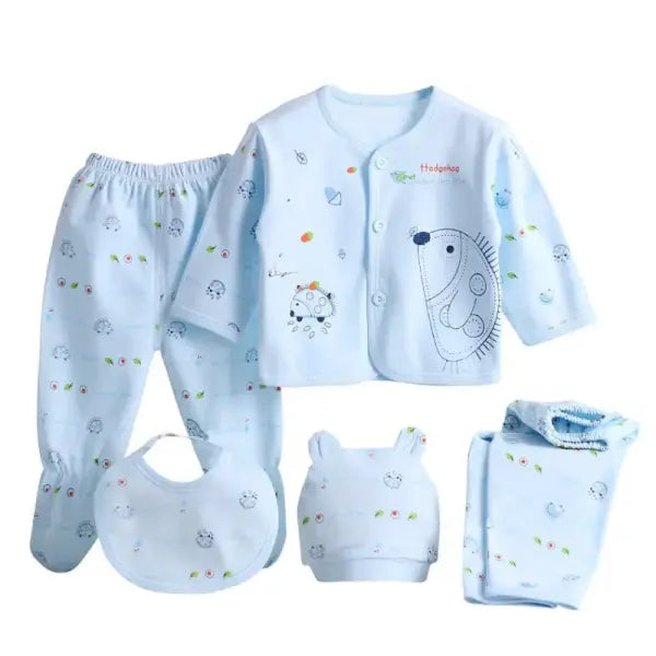 5pcs Newborn Baby Clothing Set – Pure Cotton Breathable Cartoon Top Pants Hat & Bibs (0–3 Months) - L / 0-3 Month