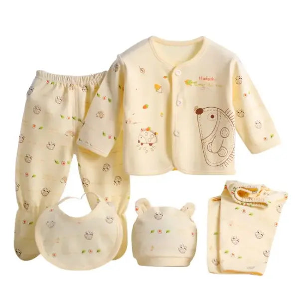 5pcs Newborn Baby Clothing Set – Pure Cotton Breathable Cartoon Top Pants Hat & Bibs (0–3 Months) - Y / 0-3 Month