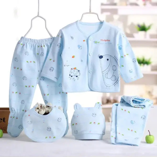 5pcs Newborn Baby Clothing Set – Pure Cotton Breathable Cartoon Top Pants Hat & Bibs (0–3 Months)