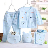 5pcs Newborn Baby Clothing Set – Pure Cotton Breathable Cartoon Top Pants Hat & Bibs (0–3 Months)
