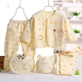 5pcs Newborn Baby Clothing Set – Pure Cotton Breathable Cartoon Top Pants Hat & Bibs (0–3 Months)