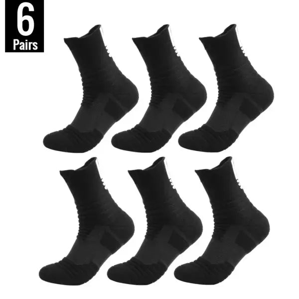Men sports running towel bottom knit ankle socks - 6 Pairs-Long-Black / EU 39-45(Normal)