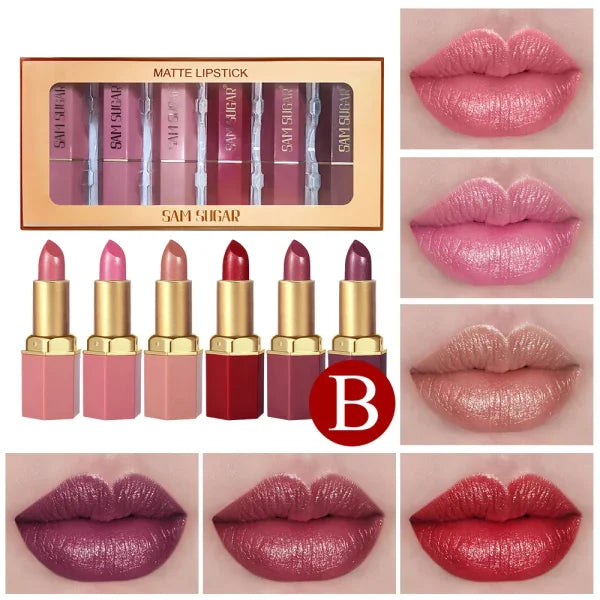 6 Colors Gold Bar Tube Lipstick Set – Matte, Pearlescent, Glitter Velvet Lipsticks – Valentine's Day Gift - Himpall