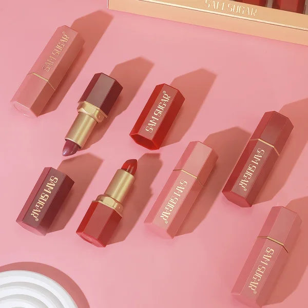 6 Colors Gold Bar Tube Lipstick Set – Matte, Pearlescent, Glitter Velvet Lipsticks – Valentine's Day Gift - Himpall