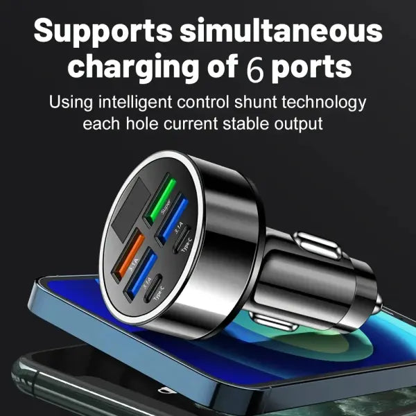 6-in-1 Fast Charging Car Adapter 3.1A Dual Type-C Digital Display Smartphones Tablets Power Banks Black Portable Charger