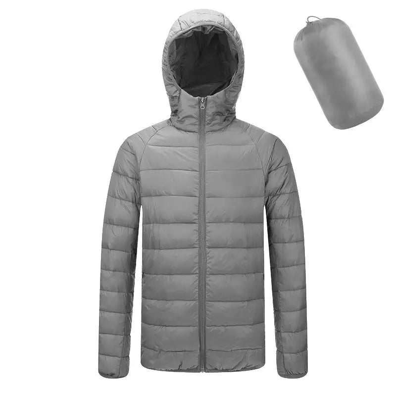 Men’s Lightweight Hooded Winter Coat in Solid Color Zipper Design - Hooded light gray / 2XL