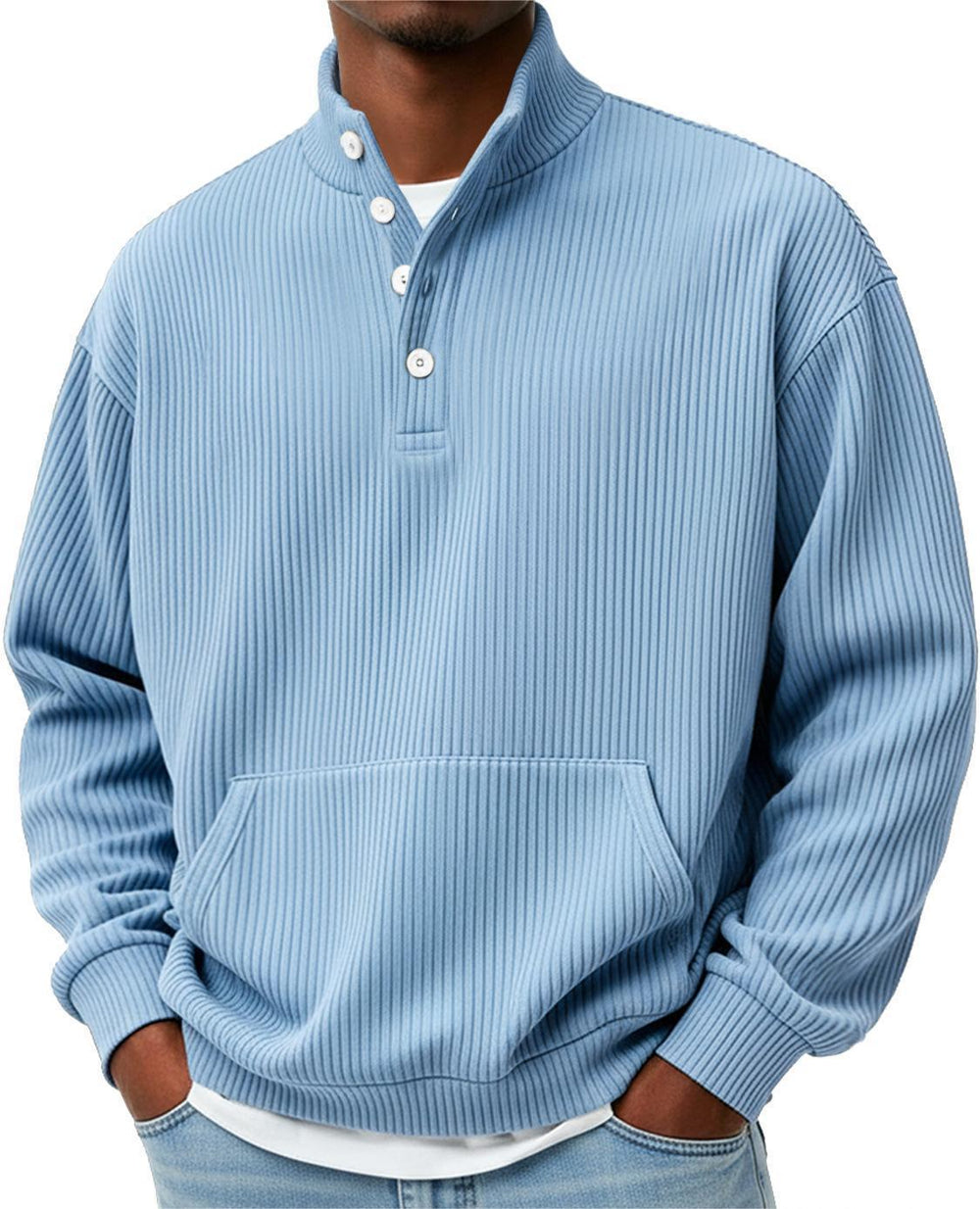 Mens Solid-Color Turtleneck Casual Long-Sleeve Polo Sweatshirt With Pockets For Men Spring Autumn Clothing Loose Button
