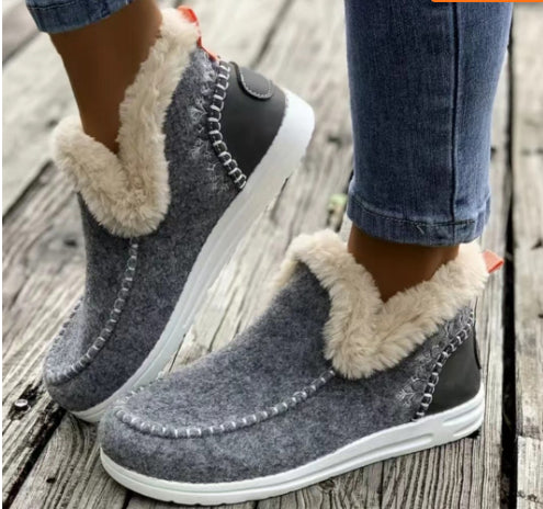 Fleece-lined Thick Plush Boots Warm Sewing Flat Cotton Shoes Winter Ankle Boot - Light Gray / 36