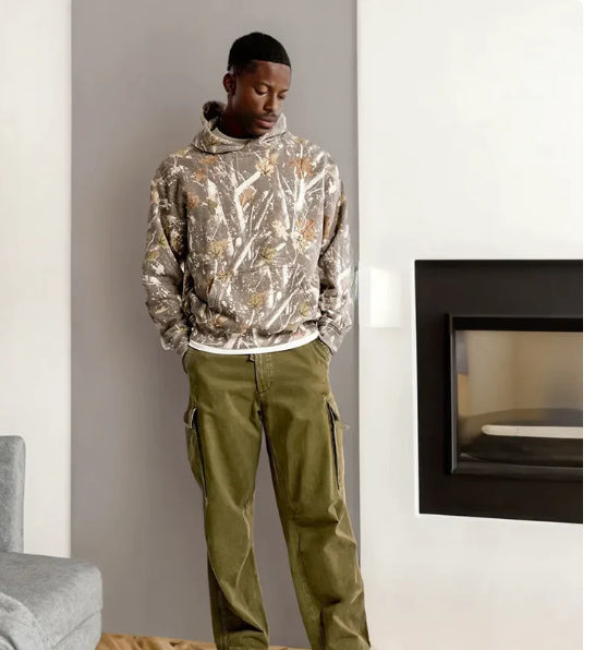 Loose Type Floral Print Lantern Sleeve Unisex Hoodie - Dark Camok / 2XL