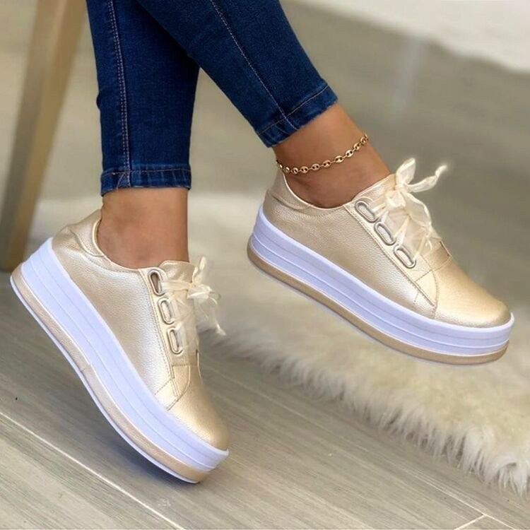Fashion Flats Sneakers Women Ribbon Lace-up Platform Shoes - Gold / Size35