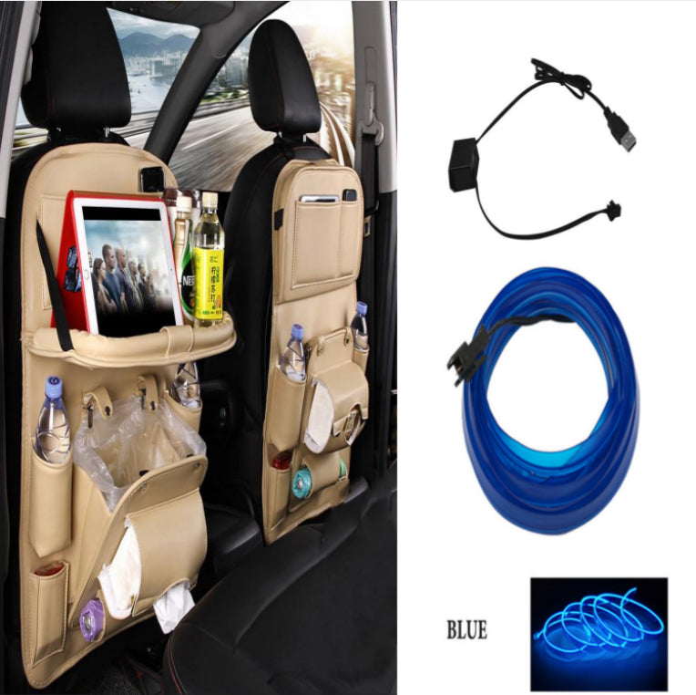 PU Leather Car Storage Hanging Bag with Tissue Box and Tray - Beige set2