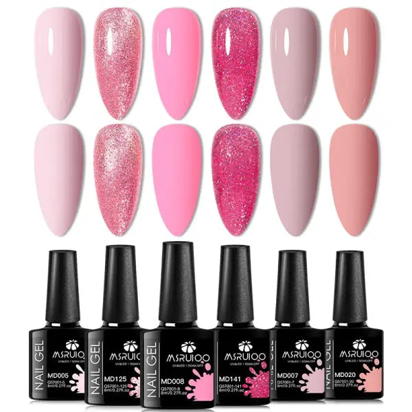 6pc All-season Gel Nail Polish Set Nude Pink Red Glitter Semi Permanent UV Gel Polish Kits All For Manicure Soak