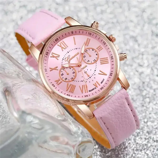 6PCS/Set Fashion Women’s Quartz Watch Leather Band Analog Wrist Watches Heart Rhinestone Jewelry Set(Without Box) - FS
