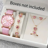 6PCS/Set Fashion Women’s Quartz Watch Leather Band Analog Wrist Watches Heart Rhinestone Jewelry Set(Without Box) - FS