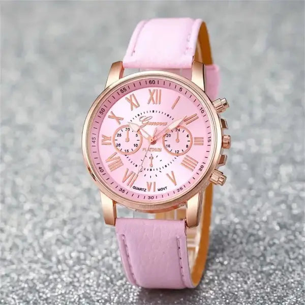 6PCS/Set Fashion Women’s Quartz Watch Leather Band Analog Wrist Watches Heart Rhinestone Jewelry Set(Without Box) - FS