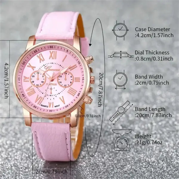 6PCS/Set Fashion Women’s Quartz Watch Leather Band Analog Wrist Watches Heart Rhinestone Jewelry Set(Without Box) - FS